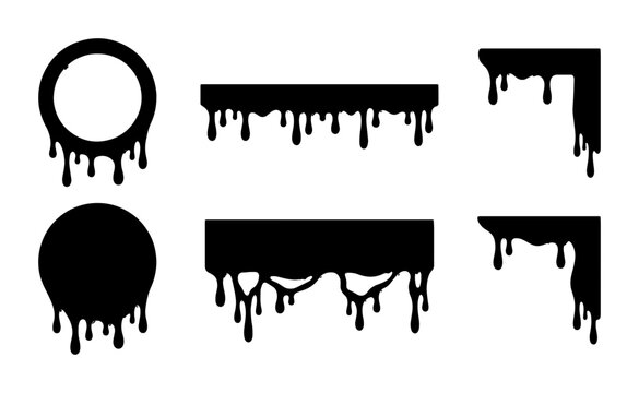 Black Dripping Paint Vector Elements, Ink Splatter Shapes, Grunge Border Accents, Liquid Drip Graphics for Design