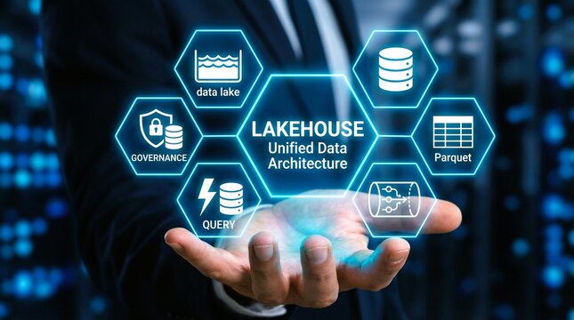 Lakehouse Unified Data Architecture concept for modern big data management solution in a futuristic business presentation, ideal for digital transformation.