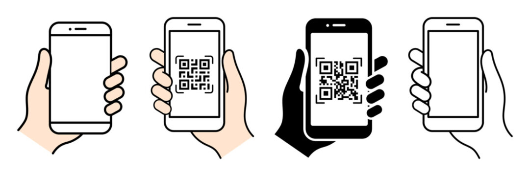 Hand holding smartphone icon set, scanning QR code on screen flat vector illustration isolated.
