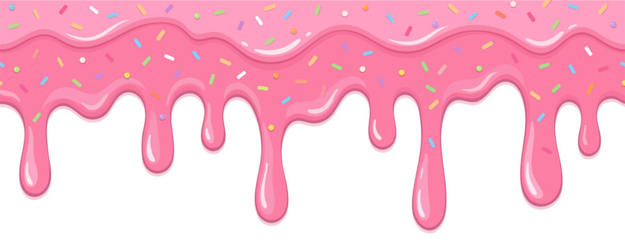 Dripping pink strawberry cream vector border isolated on white background.