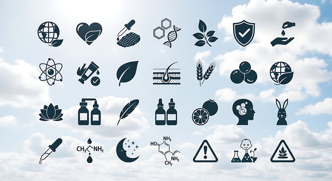 Collection of scientific and nature based icons with research chemistry environment laboratory development analysis experiment technology graphical