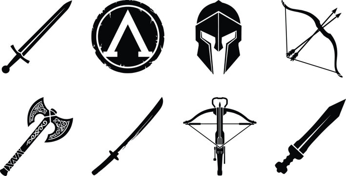 Ancient warfare and medieval weapons vector silhouette icons set featuring spartan helmet swords battle axe and shield