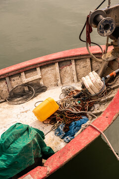 Typical fishing boat with the various tools used by fishermen for fish