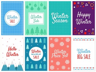 Naklejka premium Set of winter sale and season posters with trees, snowflakes, and geometric shapes for social media and web