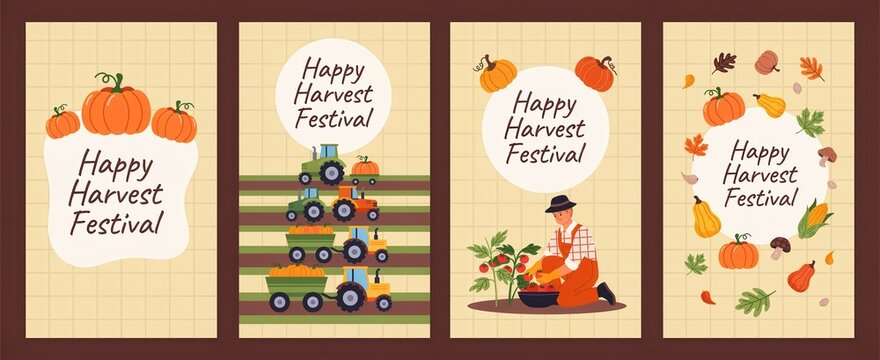 Set of four happy harvest festival greeting card templates with pumpkins, tractors, farmer and autumn leaves