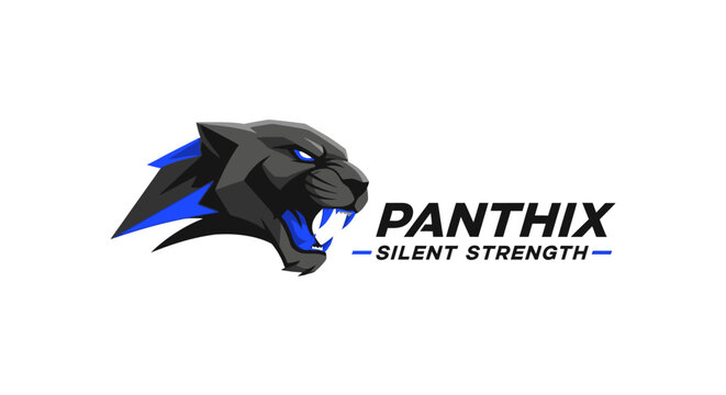 Panthix Silent Strength Logo: Fierce Black Panther Head with Blue Accents, Symbolizing Power and Determination