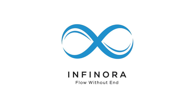Modern blue infinity symbol logo with text INFINORA Flow Without End on white background