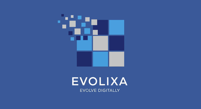 Abstract digital logo design with dissolving squares and company name EVOLIXA on a blue background