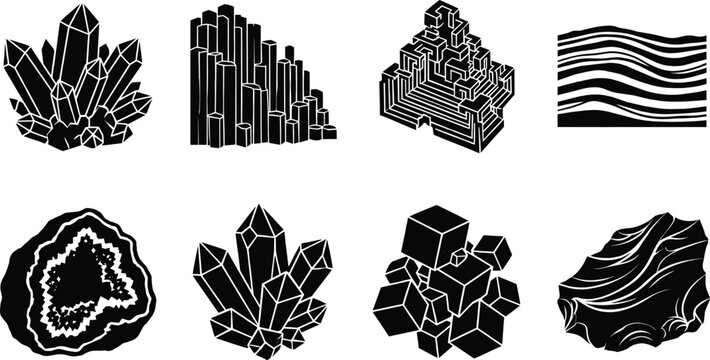 Mineral crystals and geological rock formations vector silhouette icon set featuring quartz geode and pyrite clusters