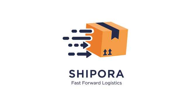 Modern logo for a logistics company named Shipora, featuring a fast-moving package and the tagline 'Fast Forward Logistics'.