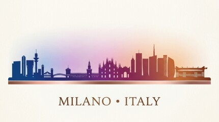 Obraz premium Milan city skyline horizontal banner featuring a black and white silhouette of iconic landmarks, historic architecture, and contemporary skyscrapers. 