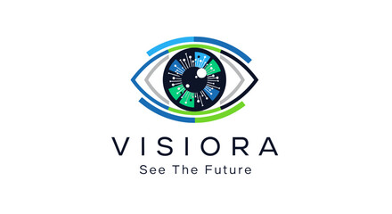 Fototapeta premium Visionary eye logo with circuit board details and the text VISIORA See The Future, representing technology and innovation.