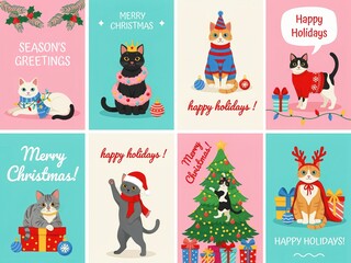 Fototapeta premium Set of cute christmas greeting cards with funny cats in festive costumes, sweaters, hats and holiday decorations