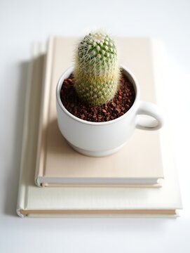 Small green cactus in a white cup sits atop a stack of two neutral-colored books on a clean white background.