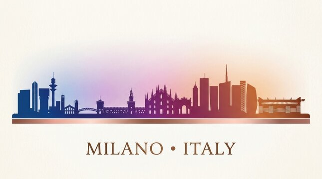 Milan city skyline horizontal banner featuring a black and white silhouette of iconic landmarks, historic architecture, and contemporary skyscrapers. 