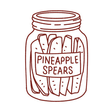 Glass mason jar filled with sweet pickled pineapple spears illustration in brown line art