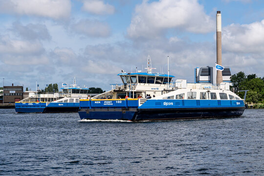 Velsen, Netherlands - June 5, 2026: GVB ferries NZK Pont 102 and NZK Pont 103 in the North Sea Channel
