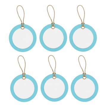 A Group of Six Round Blank Gift Tags with Blue Borders and Twine Hangers