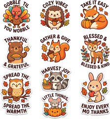 Fototapeta premium Thanksgiving Sticker Sheet Vector, Cute Autumn Animals and Quotes Collection