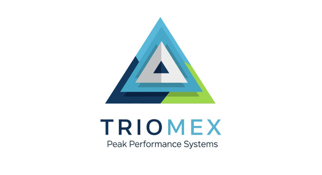 Modern abstract geometric logo design for TRIOMEX Peak Performance Systems, featuring layered triangles in blue, teal, and green colors.