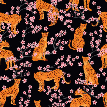 Seamless pattern of cheetahs in different poses on an exotic black background with casts vector illustration