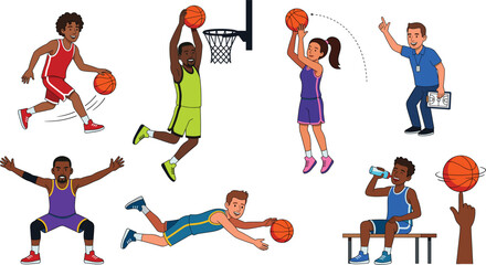 Basketball player and coach character set vector illustration featuring diverse athletes dribbling slam dunking shooting ball spinning on finger and resting on bench © Ms