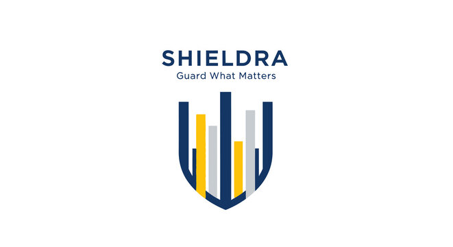 Shieldra logo with tagline Guard What Matters, abstract shield emblem with financial graph bars, digital security concept