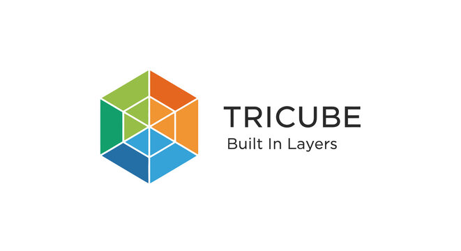 Modern Tricube logo with colorful geometric shapes and the tagline "Built In Layers" on a white background.
