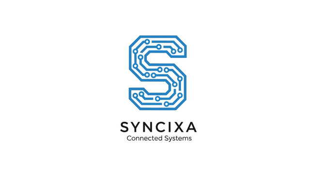 Abstract letter S logo with circuit board pattern and text SYNCXA Connected Systems, representing technology and connectivity.