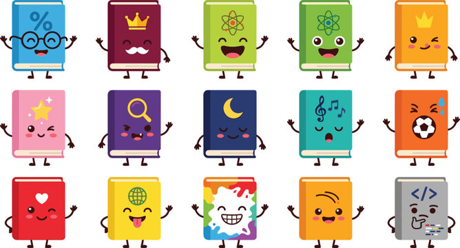 Cute cartoon book characters vector set with funny smiling faces representing school education subjects like math science music coding history and sports