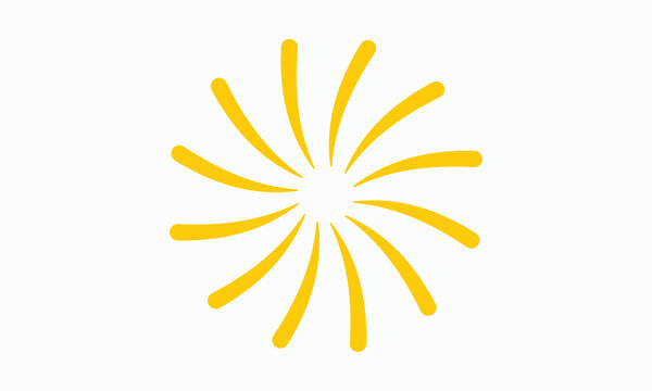 A vibrant yellow starburst icon featuring multiple swirling and curved lines radiating outward from a central point, symbolizing energy, explosion, impact or bright light on clean white background.