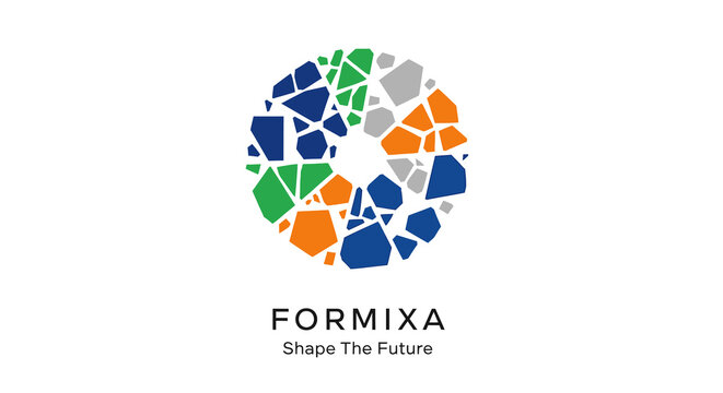 Abstract circular logo with geometric shards in vibrant colors, representing innovation and growth, with company name FORMISA and tagline Shape The Future