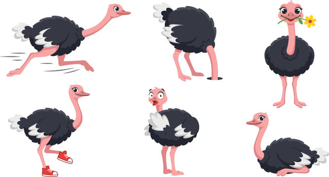 Cute ostrich cartoon character set vector illustration featuring large flightless bird running hiding head in sand holding flower and wearing sneakers
