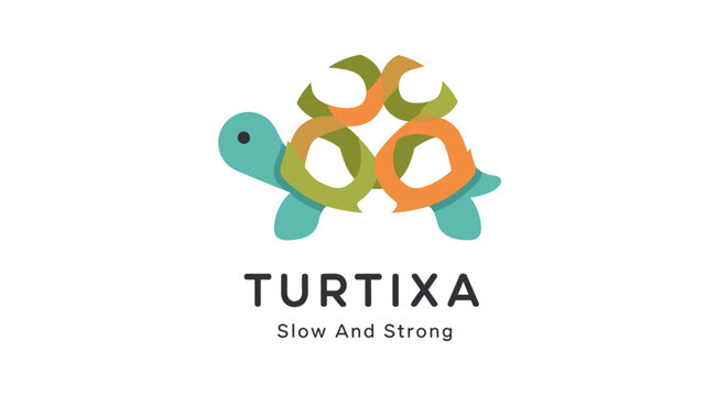 Cute stylized turtle logo with the text TURTIXA, Slow And Strong, on a white background
