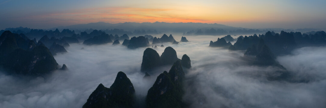 Yangshuo Karst Mountain Cloud Inversion Sunrise Guilin China