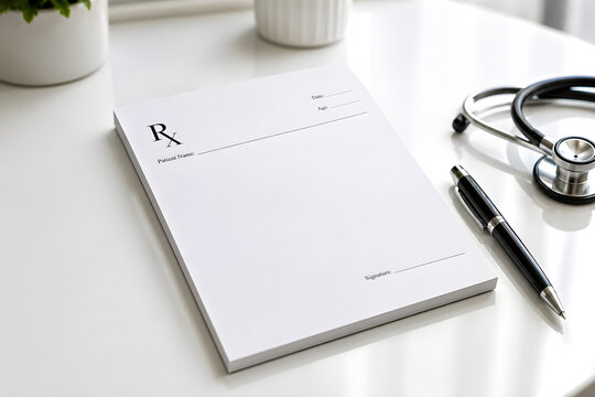 Blank prescription pad with pen in healthcare workspace, doctor office stationery and medical documentation concept. Ai generative