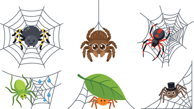 Cute spider cartoon character set vector illustration featuring arachnids on webs black widow tarantula with top hat leaf shelter and raindrops