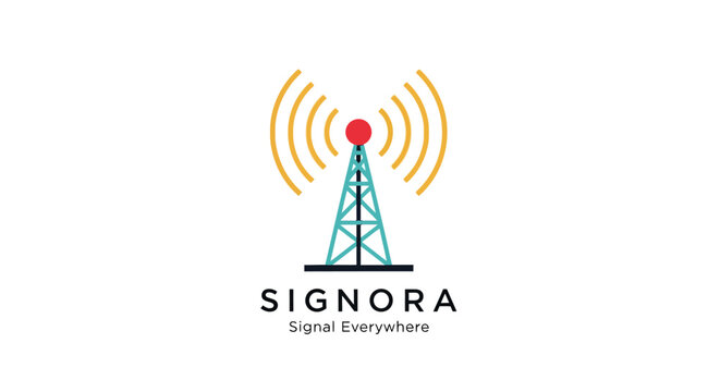 Modern minimalist logo design of a radio tower with signal waves, representing communication and connectivity