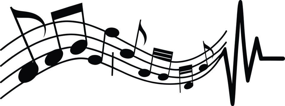 Abstract music staff illustration with notes and waveform black and white linear design musical notation sheet score quarter eighth half treble clef sound