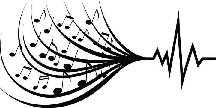 Wavy music notes and sound wave element black and white vector illustration on a transparent background musical notation audio waveform rhythm melody harmony