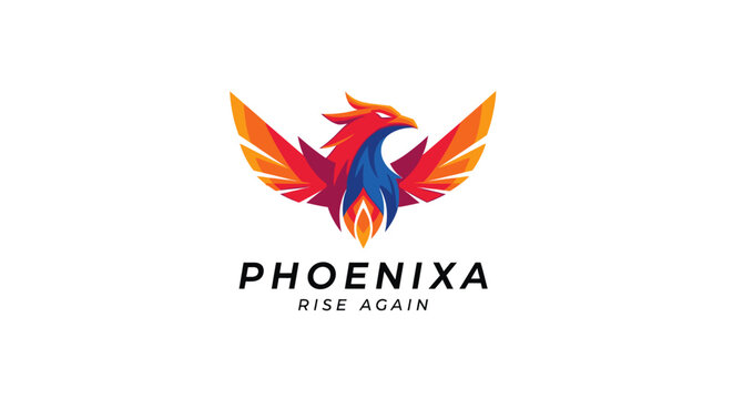 Phoenix bird logo design, mythical creature rising from ashes, symbol of rebirth, power, and immortality, vibrant colors