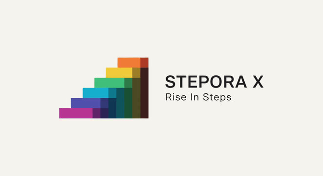 Colorful staircase logo with the text STEPORA X Rise in Steps, symbolizing growth and progress