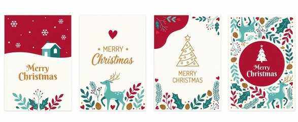 Naklejka premium Set of four christmas greeting cards with cute deer, house, christmas tree, and floral elements