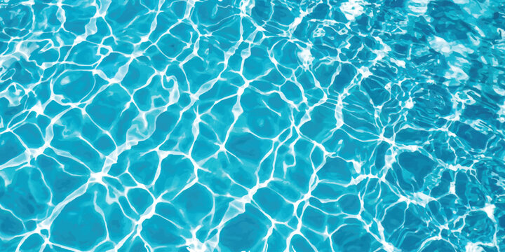 Clear blue swimming pool water texture with bright sun reflections on the surface