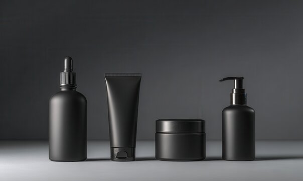 Set of black cosmetic bottles and tubes on a dark gray background, luxury skincare packaging mockup for branding