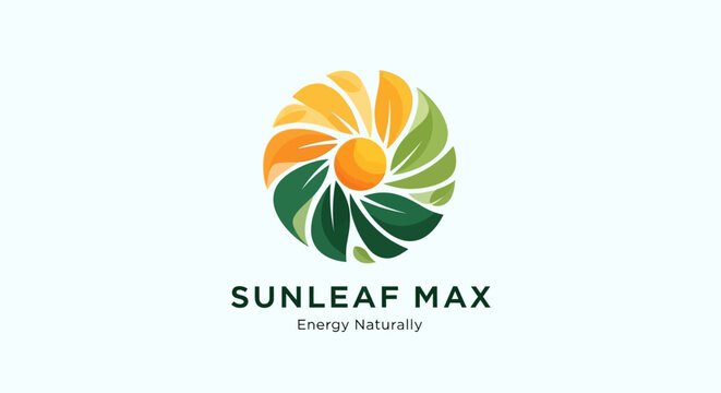 Sunleaf Max logo with sun, leaves and spiral design, representing natural energy and sustainability