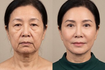 Fototapeta premium Comparison of an elderly Asian woman's face before and after cosmetic rejuvenation procedures.