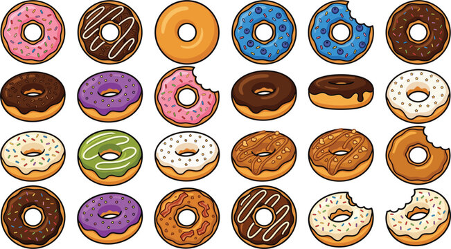 Donut vector icon set with glazed chocolate strawberry blueberry and frosted doughnuts with colorful sprinkles for bakery menu web design elements