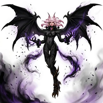 Fantasy Demon Queen Woman In Black Armor With Large Bat Wings Surrounded By Purple Smoke Effects
