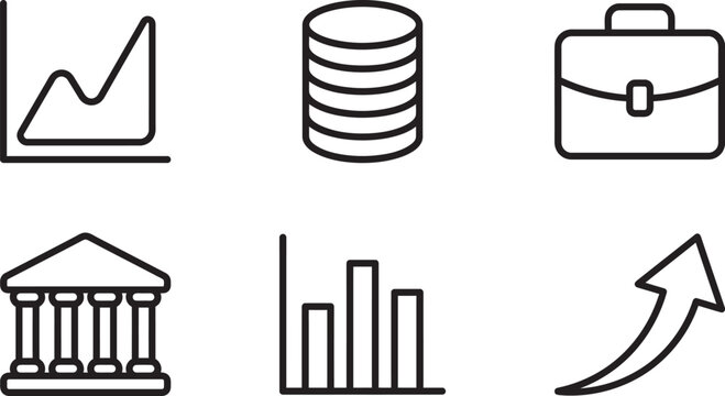 Business and finance collection featuring growth graphs database briefcase bank building and upward arrow for data analytics